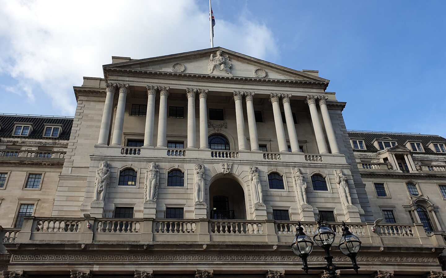 Front facade of the Bank of England building in London