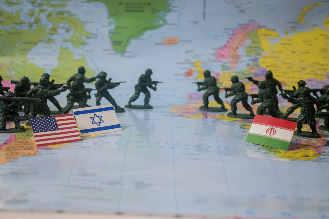 Illustrative conflict scene on a world map