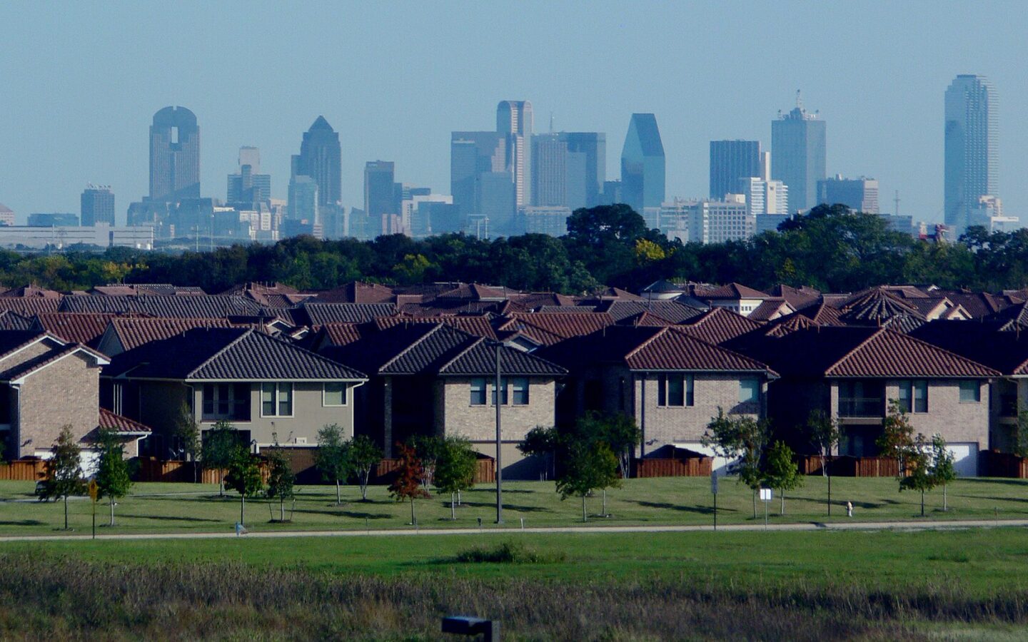 Residential suburbs with the Dallas skyline in the distance
