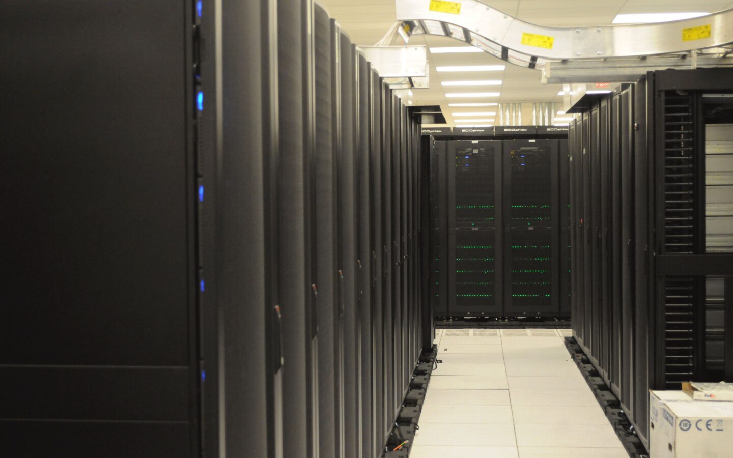 Rows of server racks in a data center