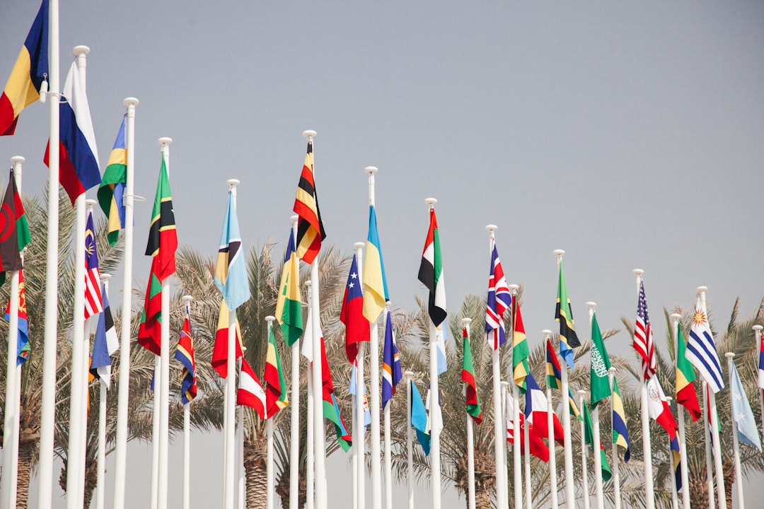 International flags waving in the wind