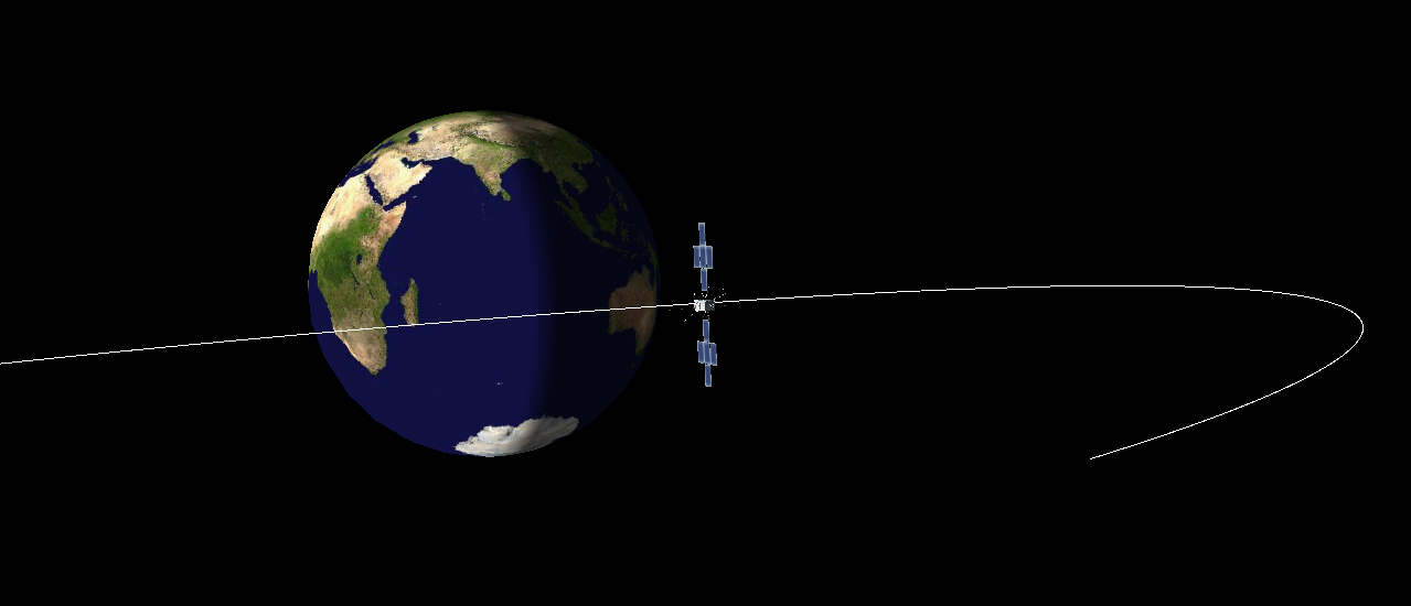 ESA rendering of the Juice spacecraft flying past Earth during its September 2026 gravity assist