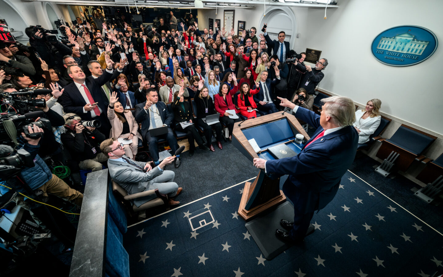 President Donald Trump addresses members of the media in the White House press briefing room in January 2026