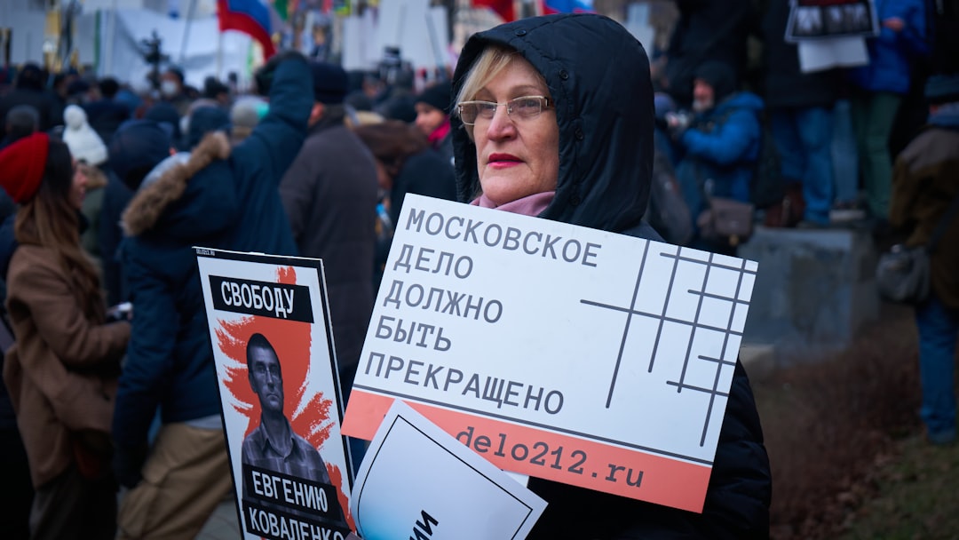People outside a building in Moscow, Russia