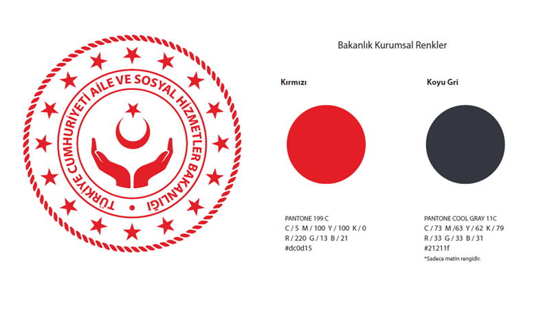 T.C. Aile ve Sosyal Hizmetler Bakanlığı kırmızı kurumsal logosu ve kurumsal renk örnekleri