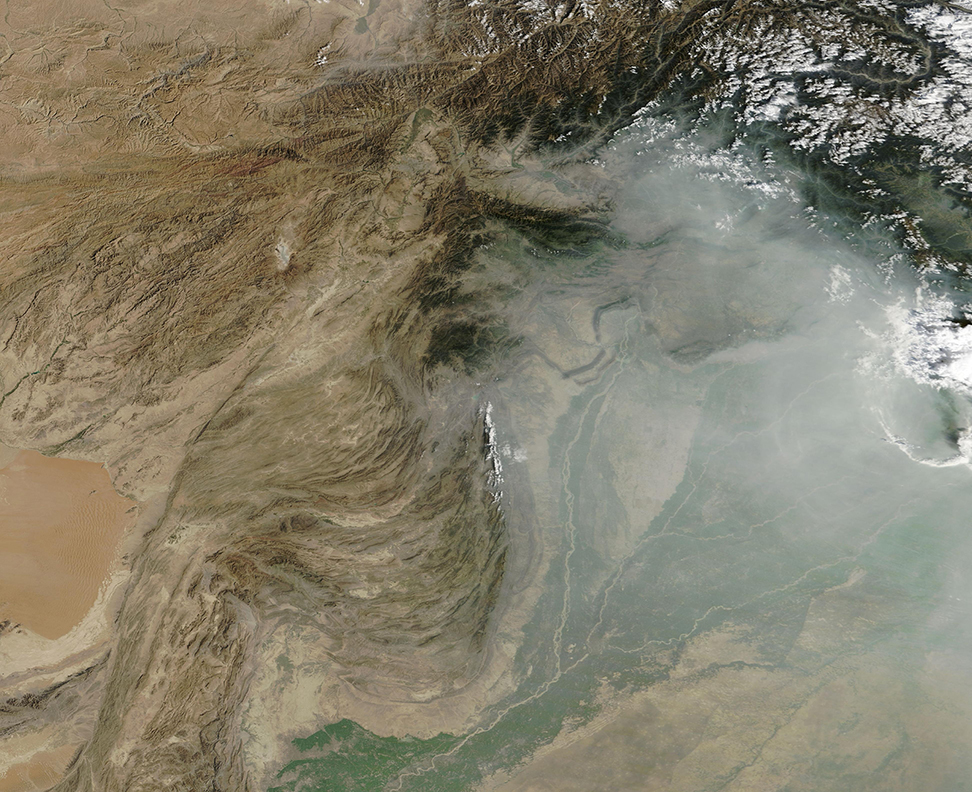 NASA Terra MODIS true-color satellite image showing heavy haze over northern Pakistan on September 24, 2026