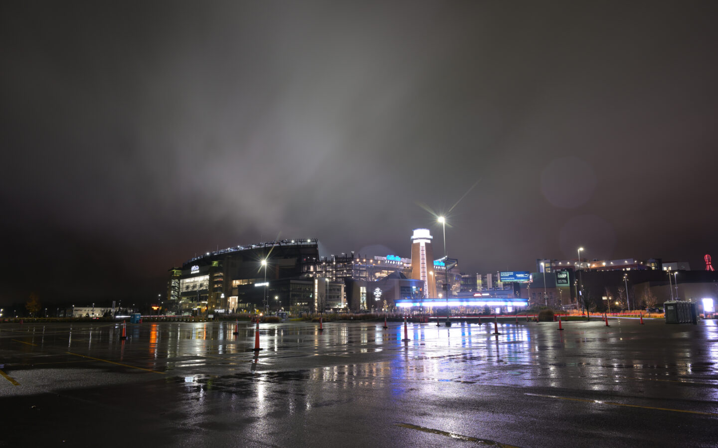 Gillette Stadium at night in Foxborough, home of the New England Patriots
