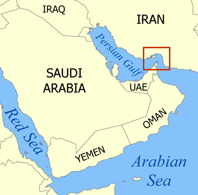 Map showing the Strait of Hormuz and surrounding region