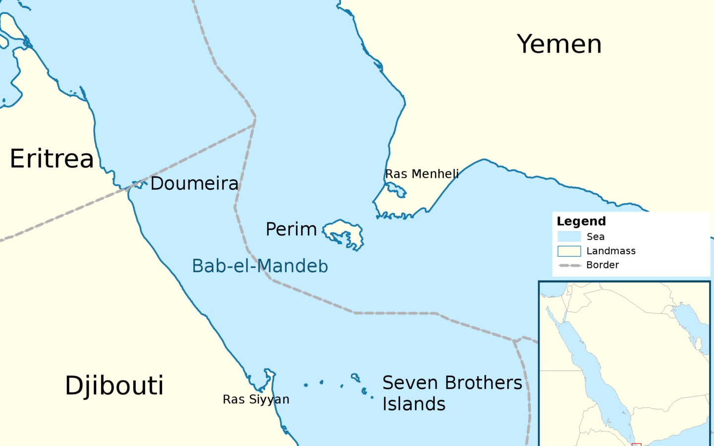Map showing the Bab el-Mandeb Strait between Yemen and the Horn of Africa