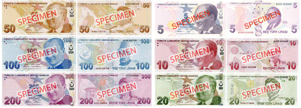 Farklı kupürlerde Türk lirası banknotları